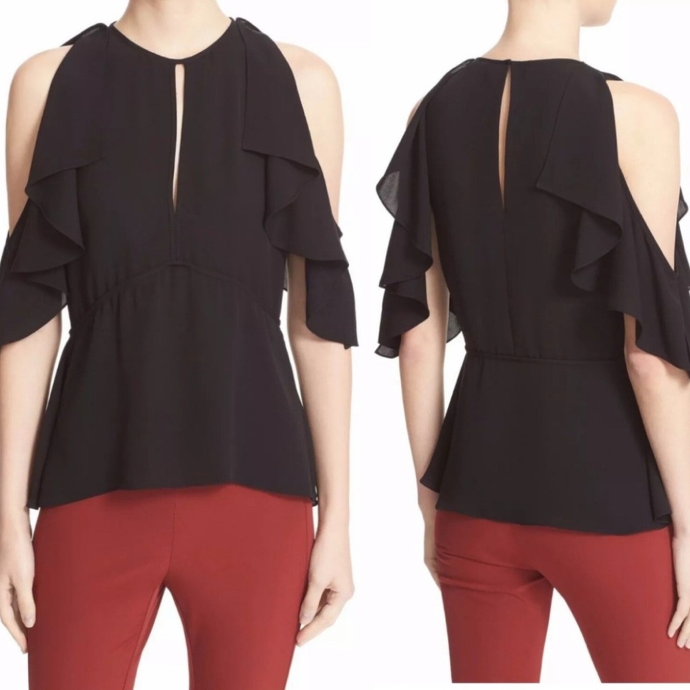 THEORY Desiraya B Classic Ruffled Cold Shoulder SILK Top Black L